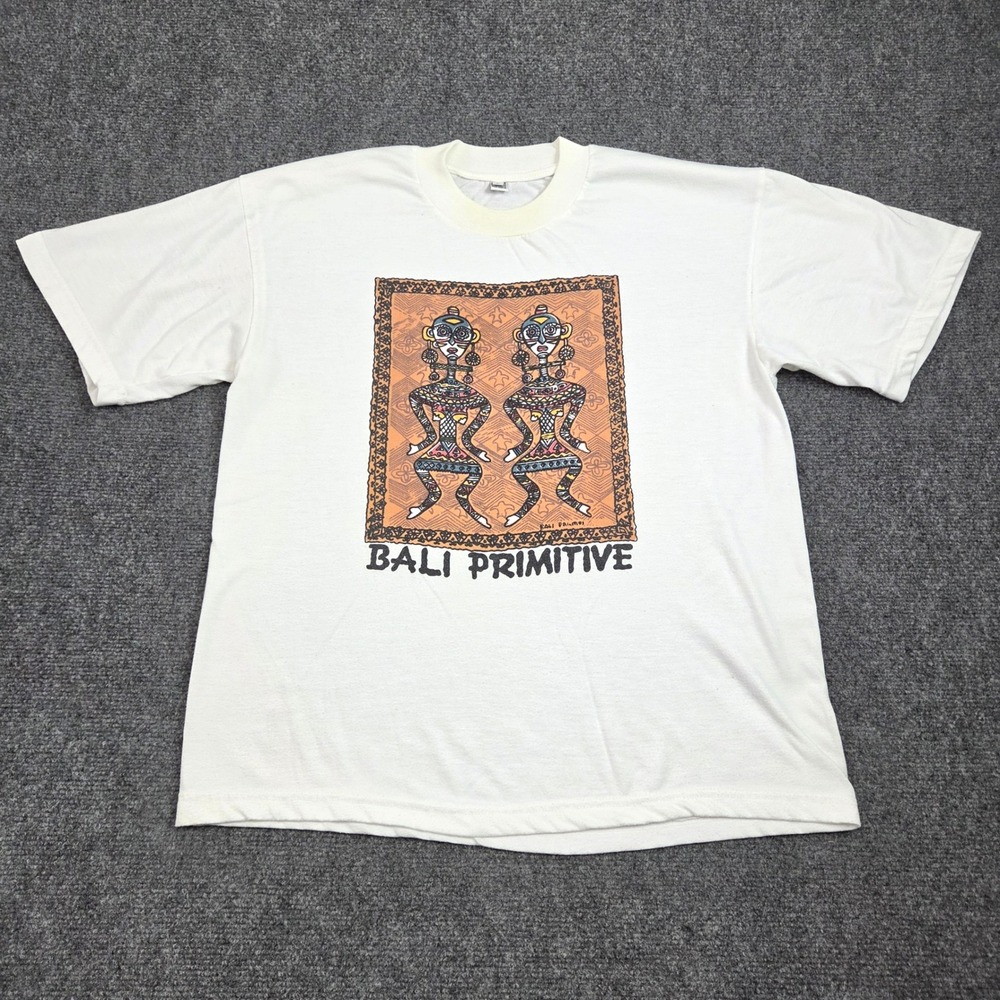 Vintage Bali Primitive Graphic TShirt Mens L White Handmade Indonesia Artwear